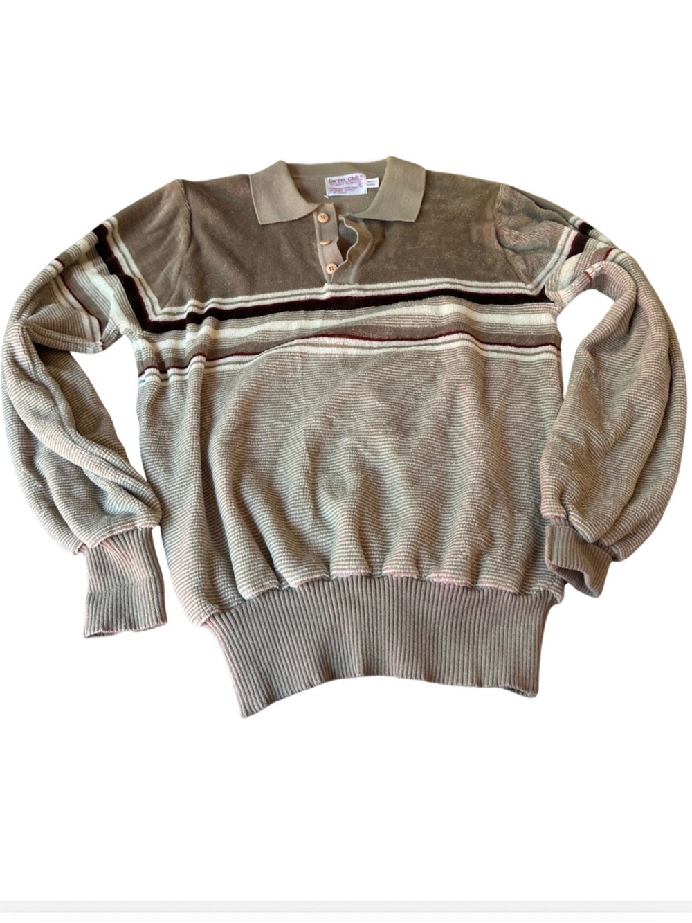 Vintage‎ Career Club Knit Polo  Mens Small Beige Striped Pullover Made in Korea
